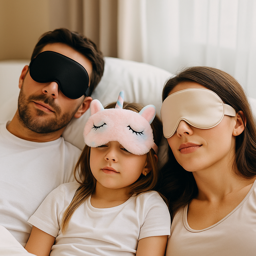 Famille portant des masques de sommeil 3D confortables, endormie paisiblement dans un lit