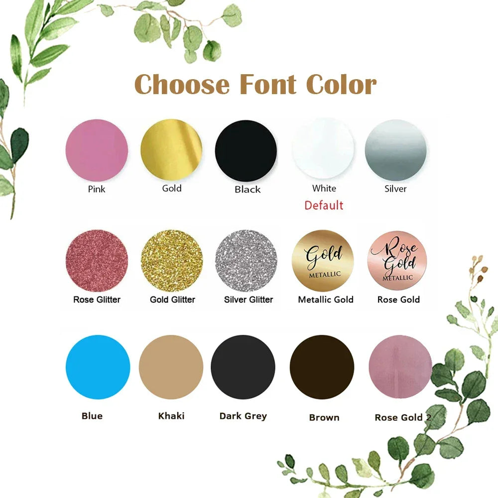 Palette complète des couleurs de personnalisation du texte pour masque de nuit : rose, or, noir, blanc, argent, paillettes, métallisé, bleu, kaki, marron, etc.