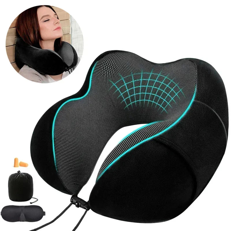 Oreiller de voyage ergonomique noir en mousse à mémoire de forme avec masque et bouchons d’oreilles