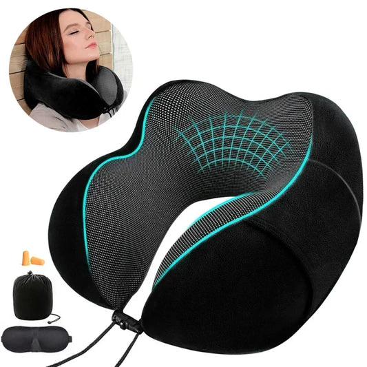 Oreiller de voyage ergonomique noir en mousse à mémoire de forme avec masque et bouchons d’oreilles